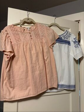 Peach Eyelet Cotton Top and White with Blue Stitching Top